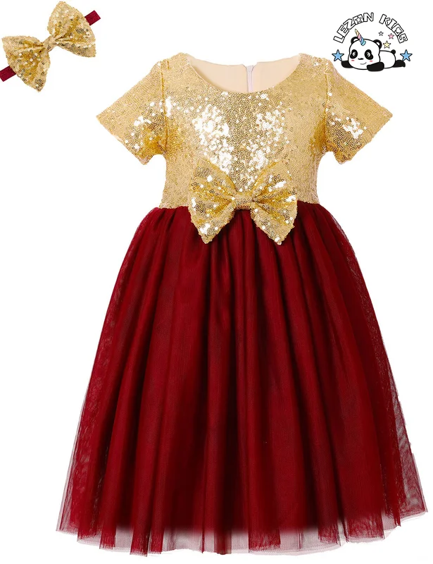 LEZONKIDS - Girls' Sequins Gauze Dress New Style Children's Short Sleeved Flower Children's Dress Princess Bowknot Peng Peng Dress